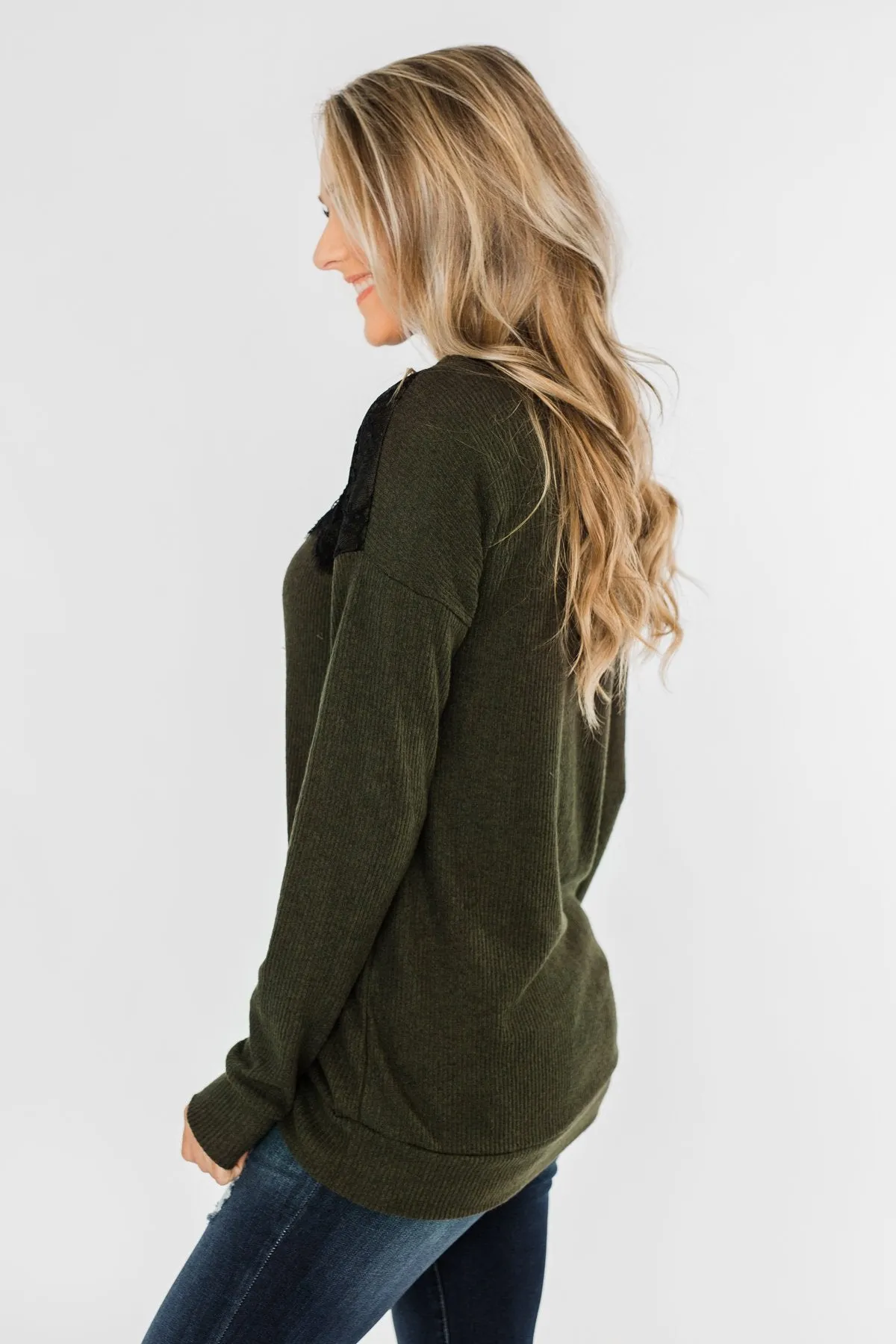 Show Stopper Black Lace Top- Dark Olive