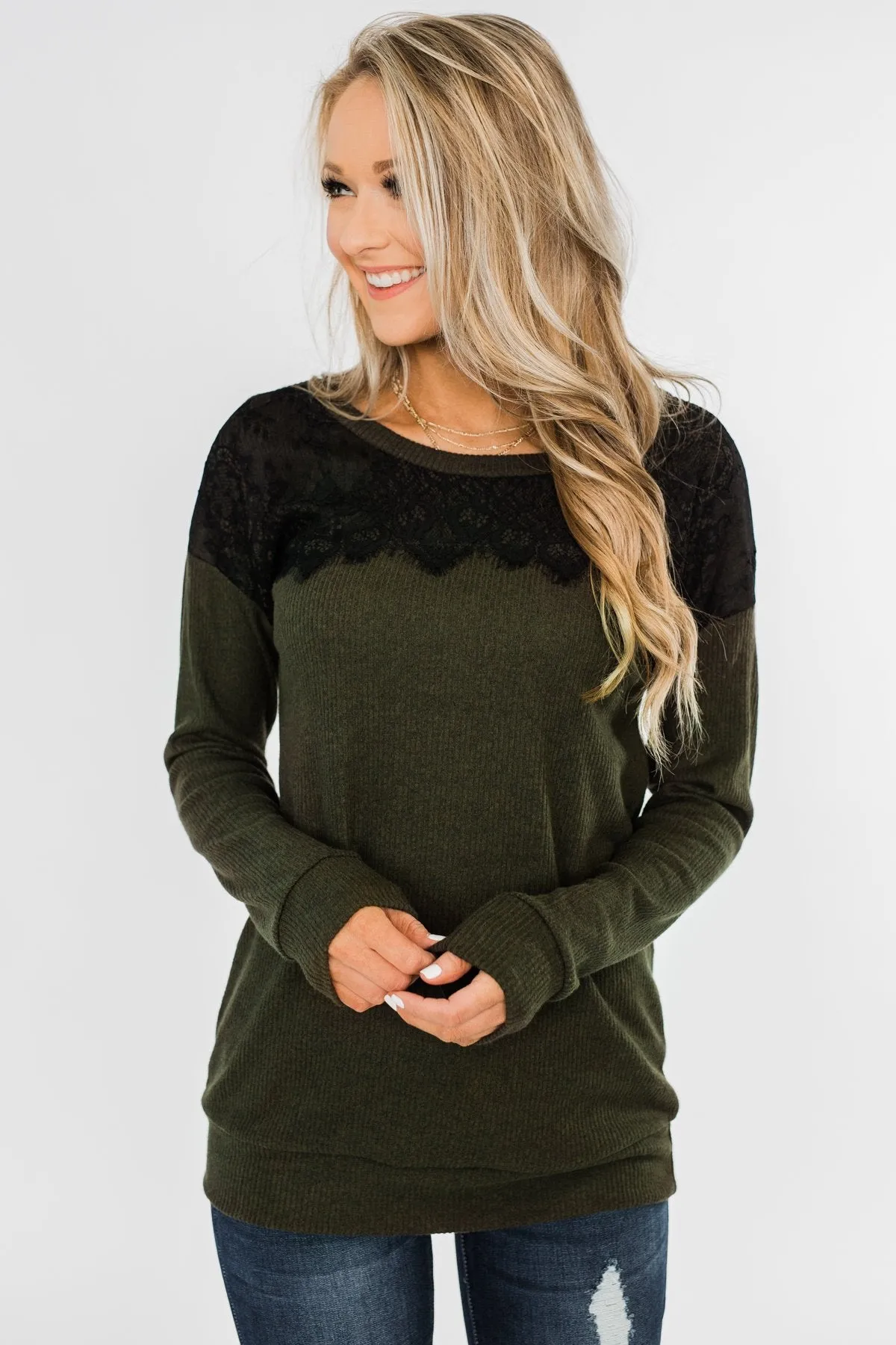 Show Stopper Black Lace Top- Dark Olive