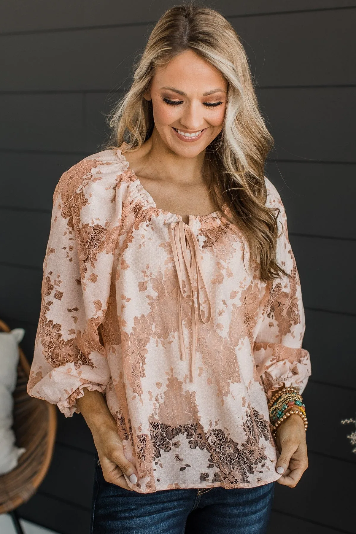 Sight To Behold Lace Top- Light Peach