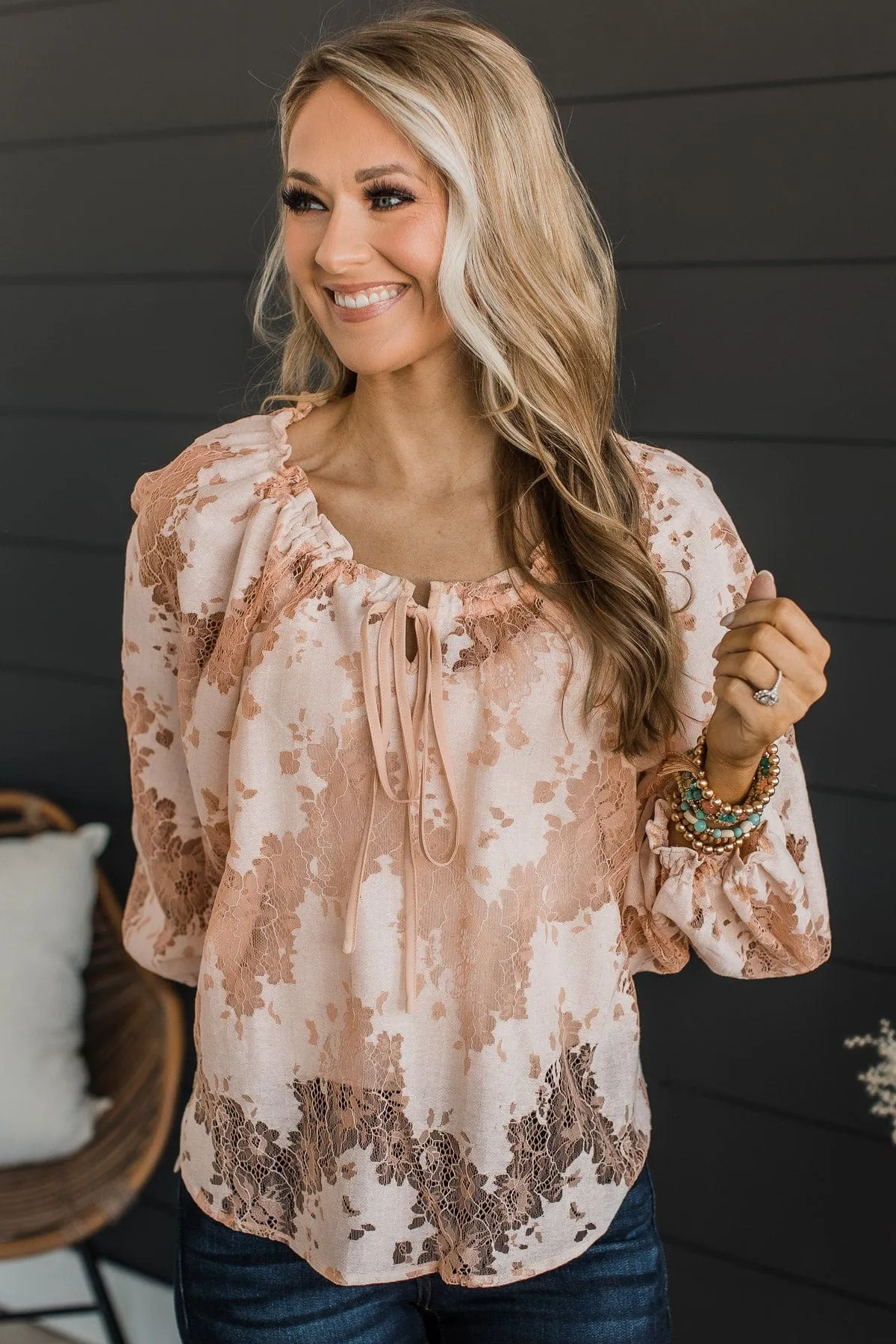 Sight To Behold Lace Top- Light Peach