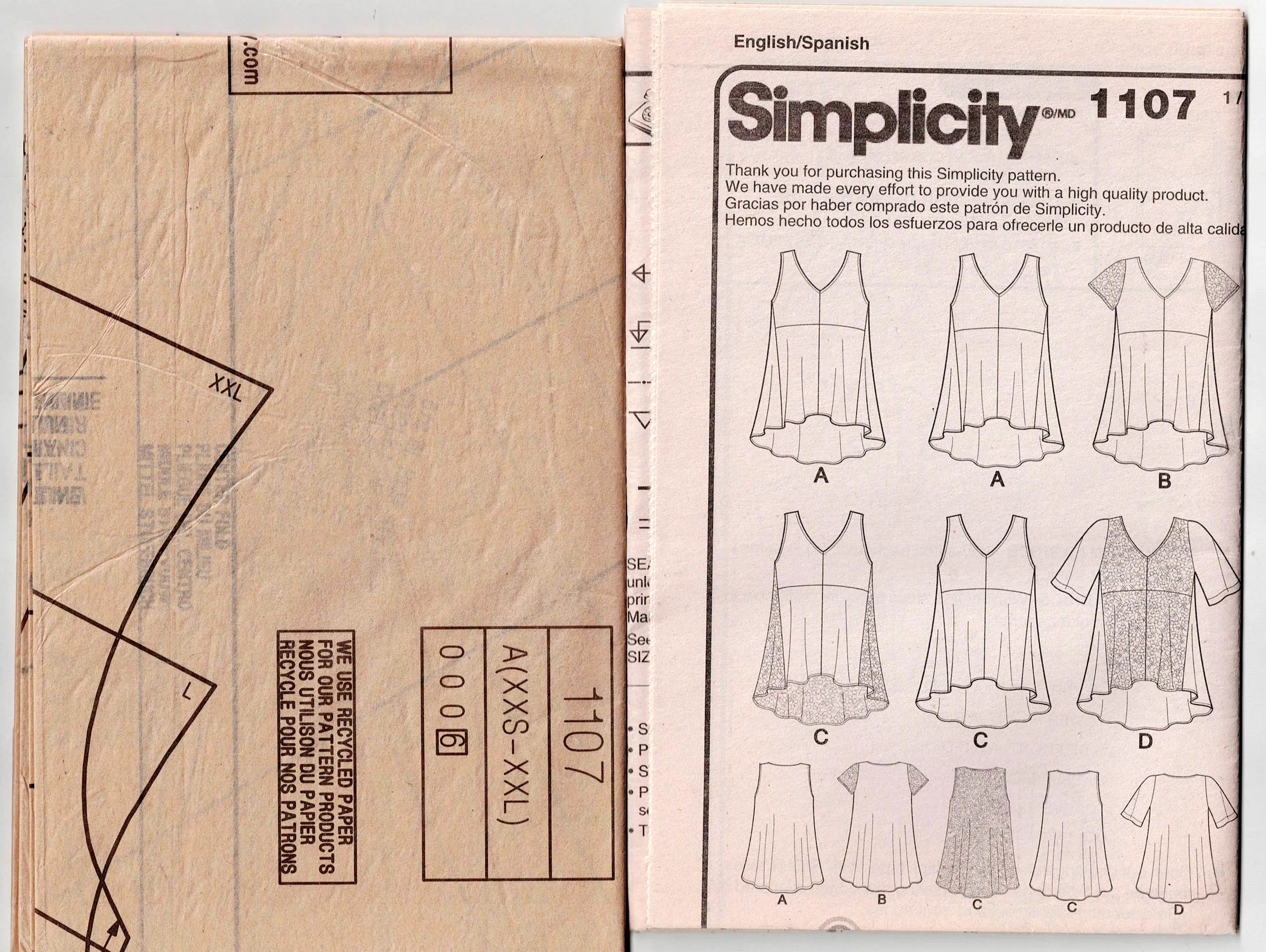 Simplicity 1107 Womens Sleeveless High Low Hem Tent Tops Out Of Print Sewing Pattern Sizes XXS - XXL UNCUT Factory Folded