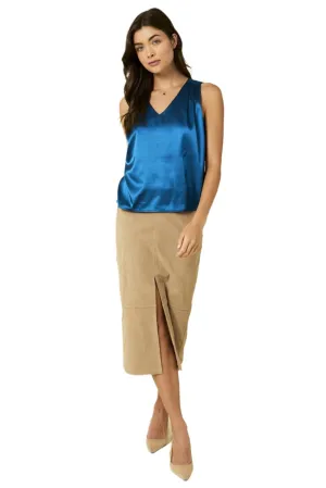 Sleeveless V Neck Shoulder Pleated Satin Top