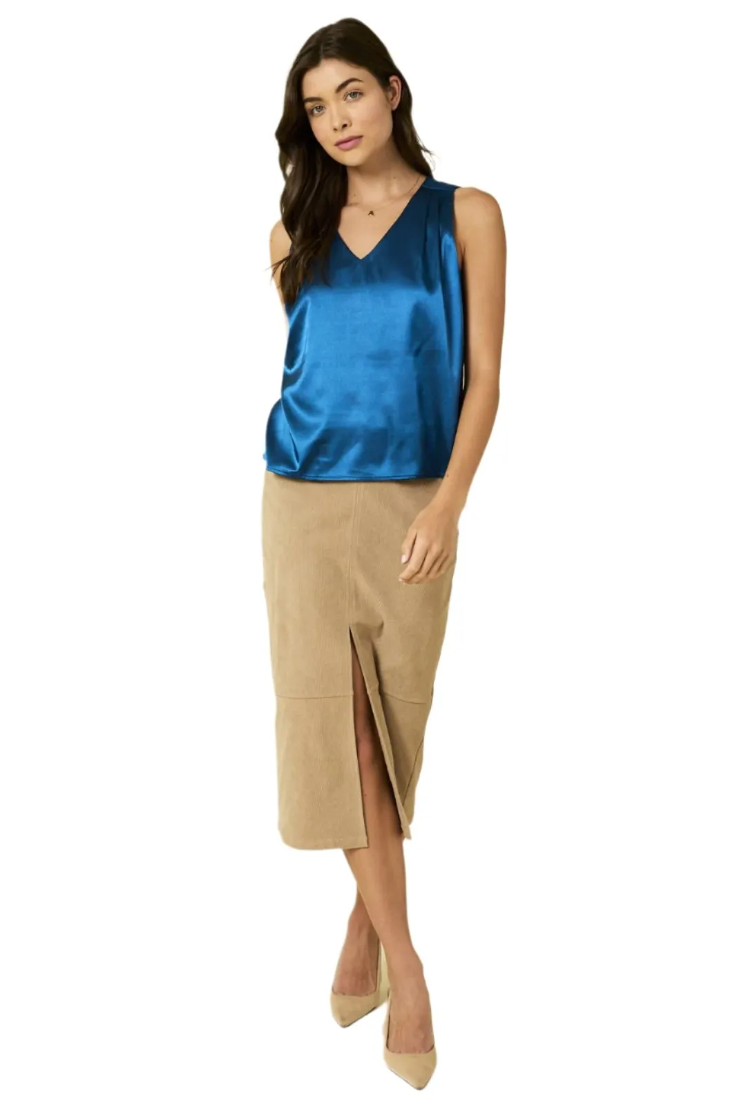 Sleeveless V Neck Shoulder Pleated Satin Top