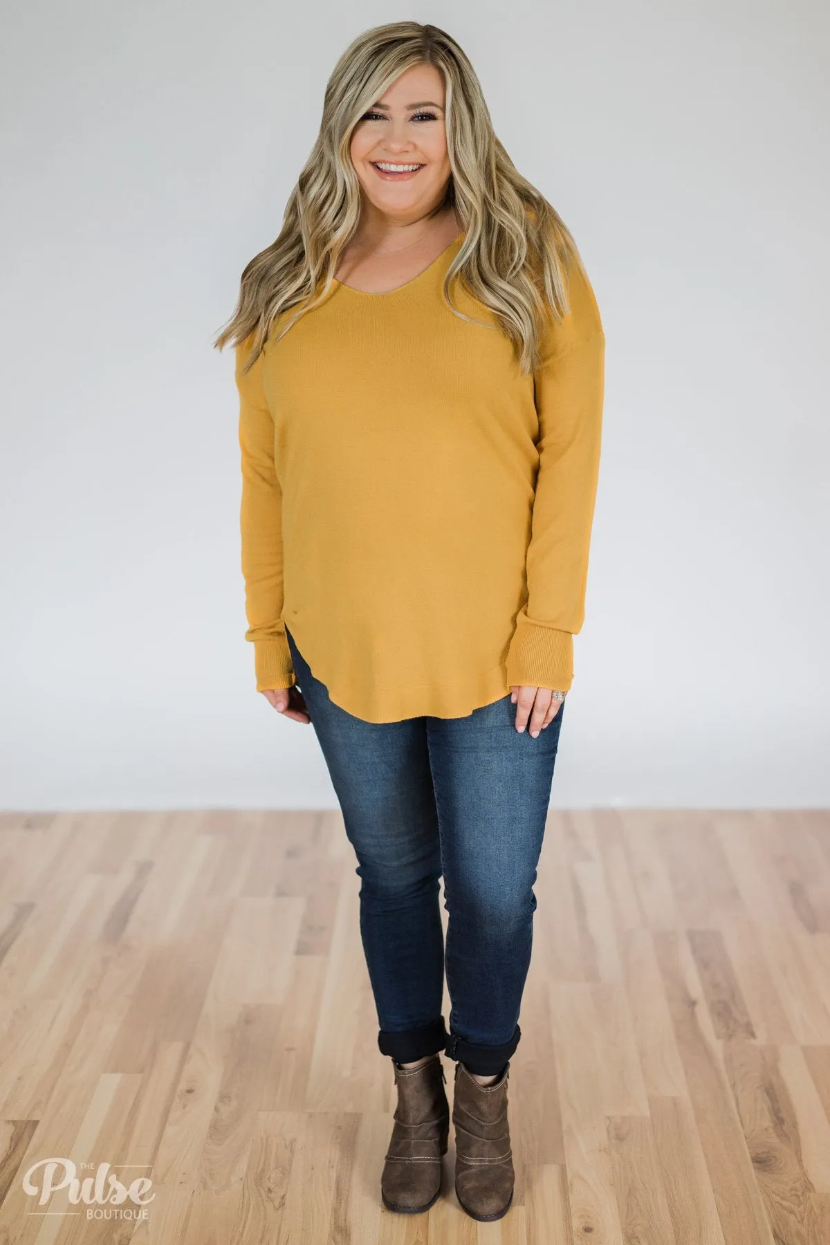 Soft Bliss Lace Down Back Sweater- Honey Yellow