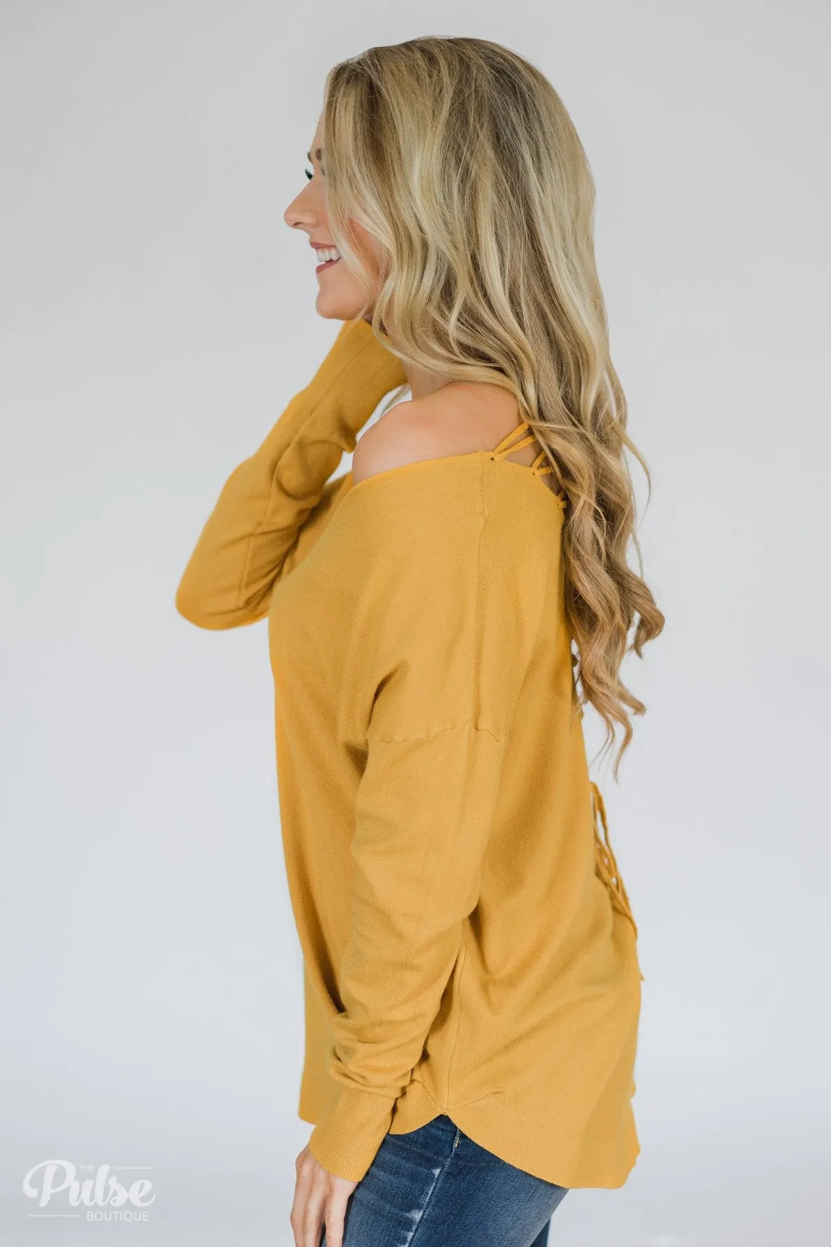 Soft Bliss Lace Down Back Sweater- Honey Yellow