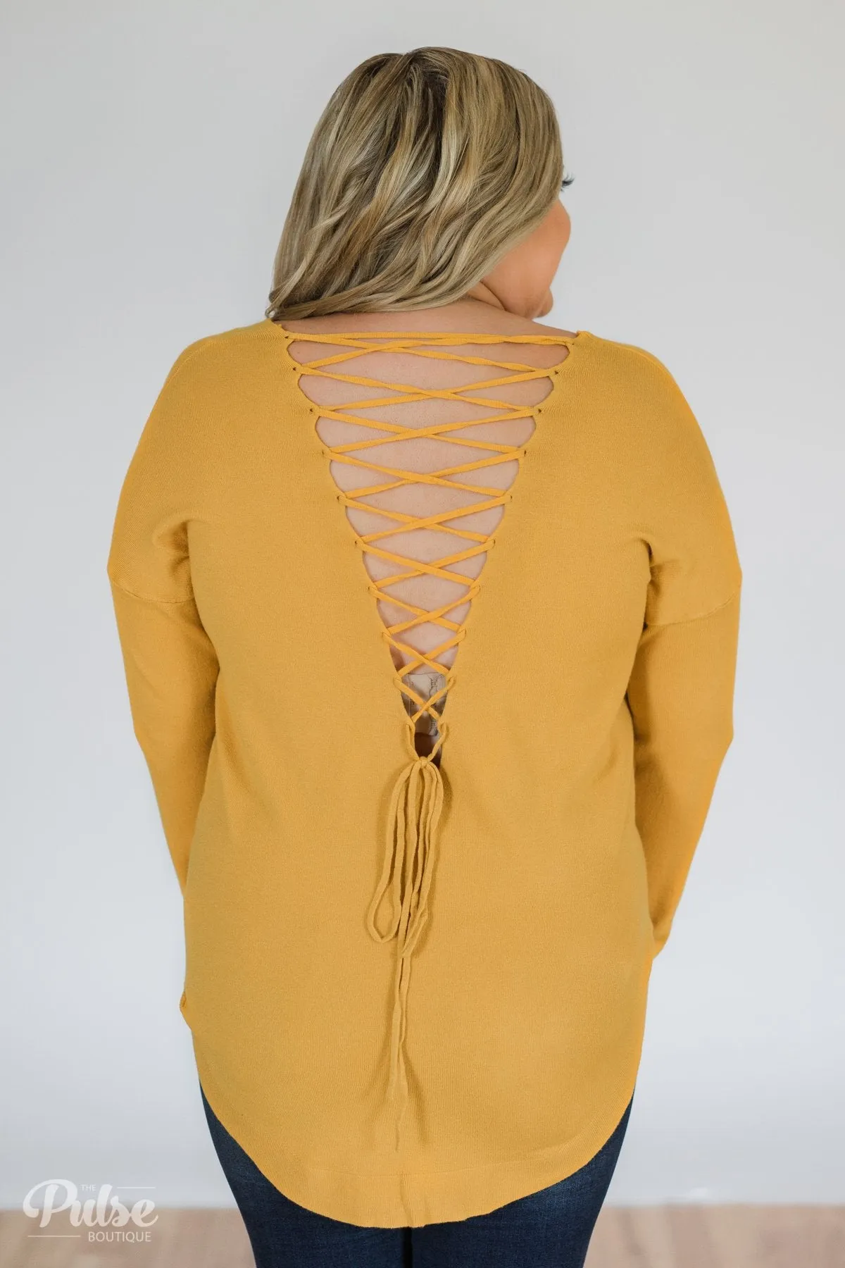 Soft Bliss Lace Down Back Sweater- Honey Yellow