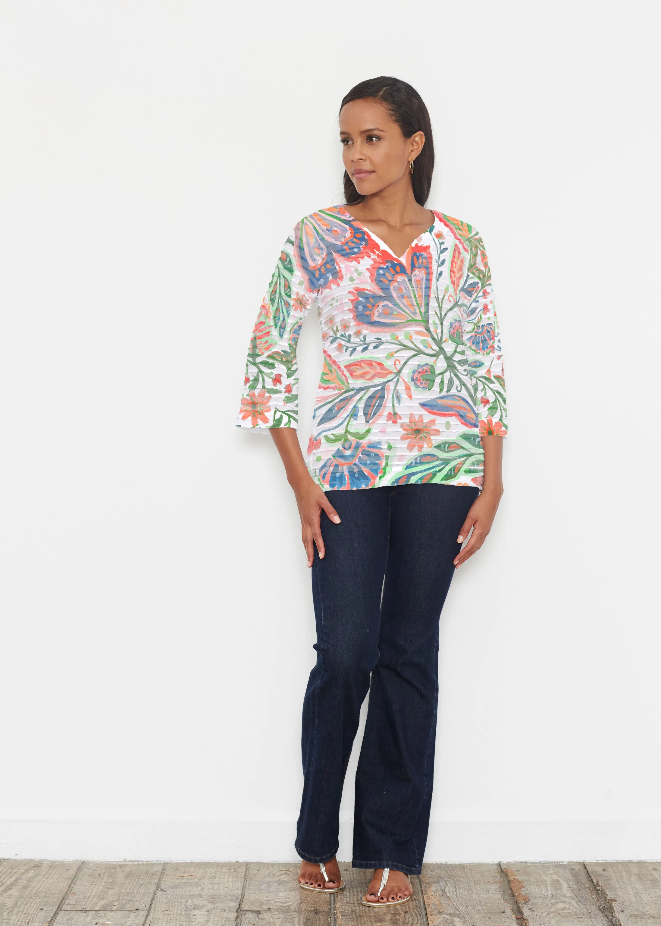 Spring Fantasy Pink (17225) ~ Banded 3/4 Bell-Sleeve V-Neck Tunic