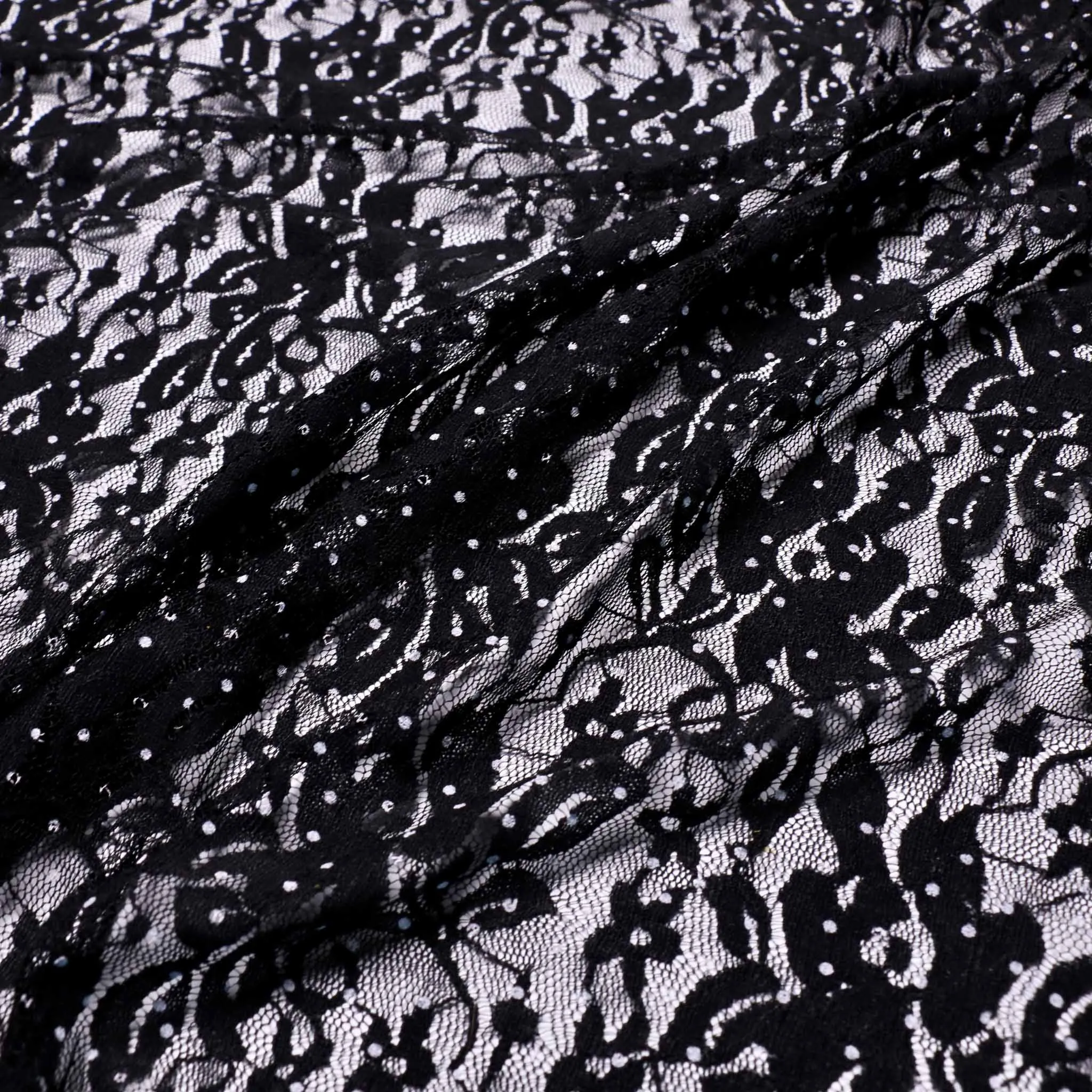 Stretchy Lace Fabric - White polka dot on black