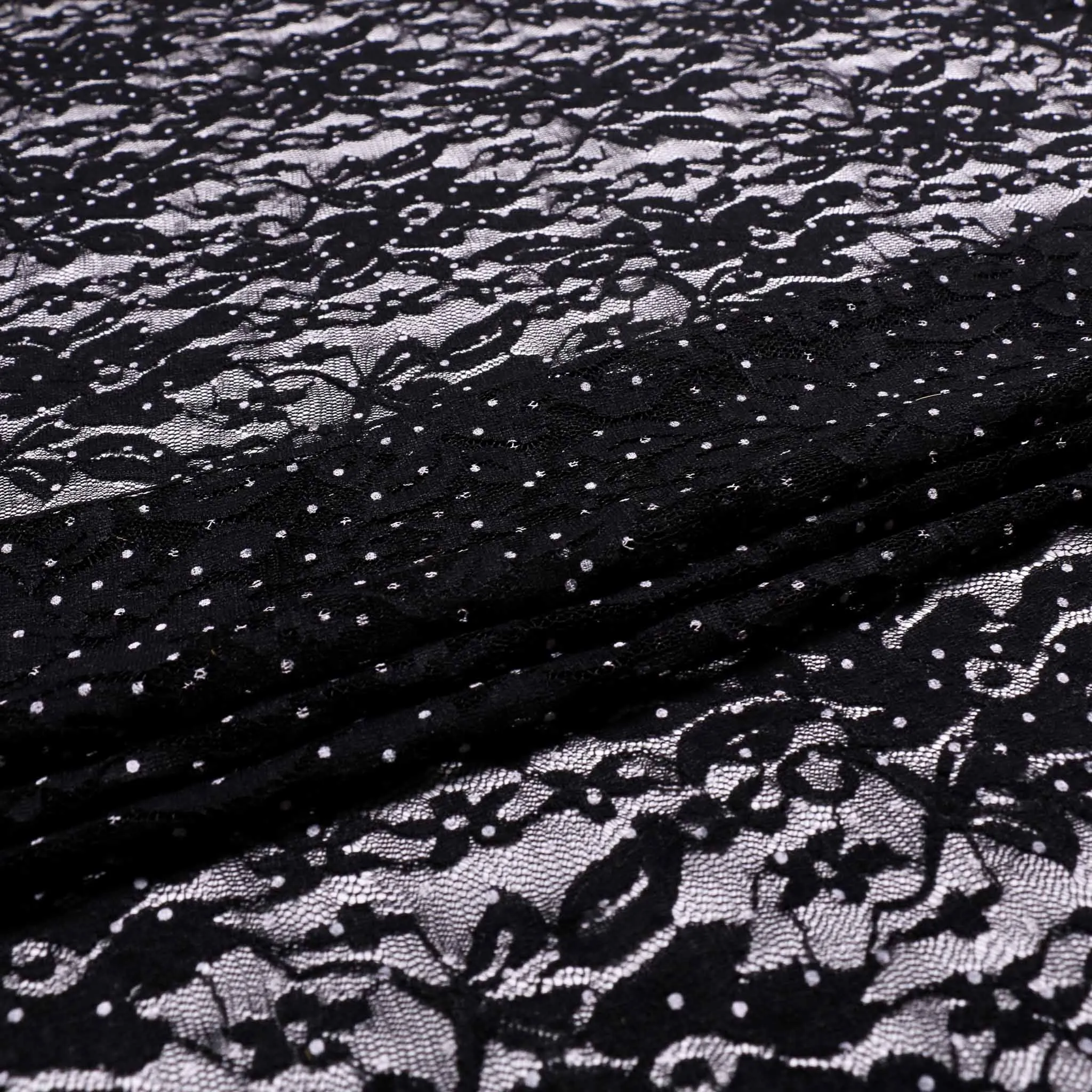 Stretchy Lace Fabric - White polka dot on black
