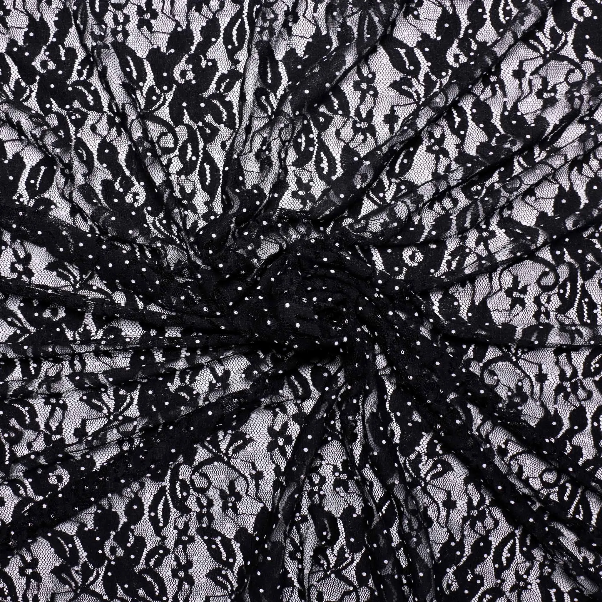 Stretchy Lace Fabric - White polka dot on black