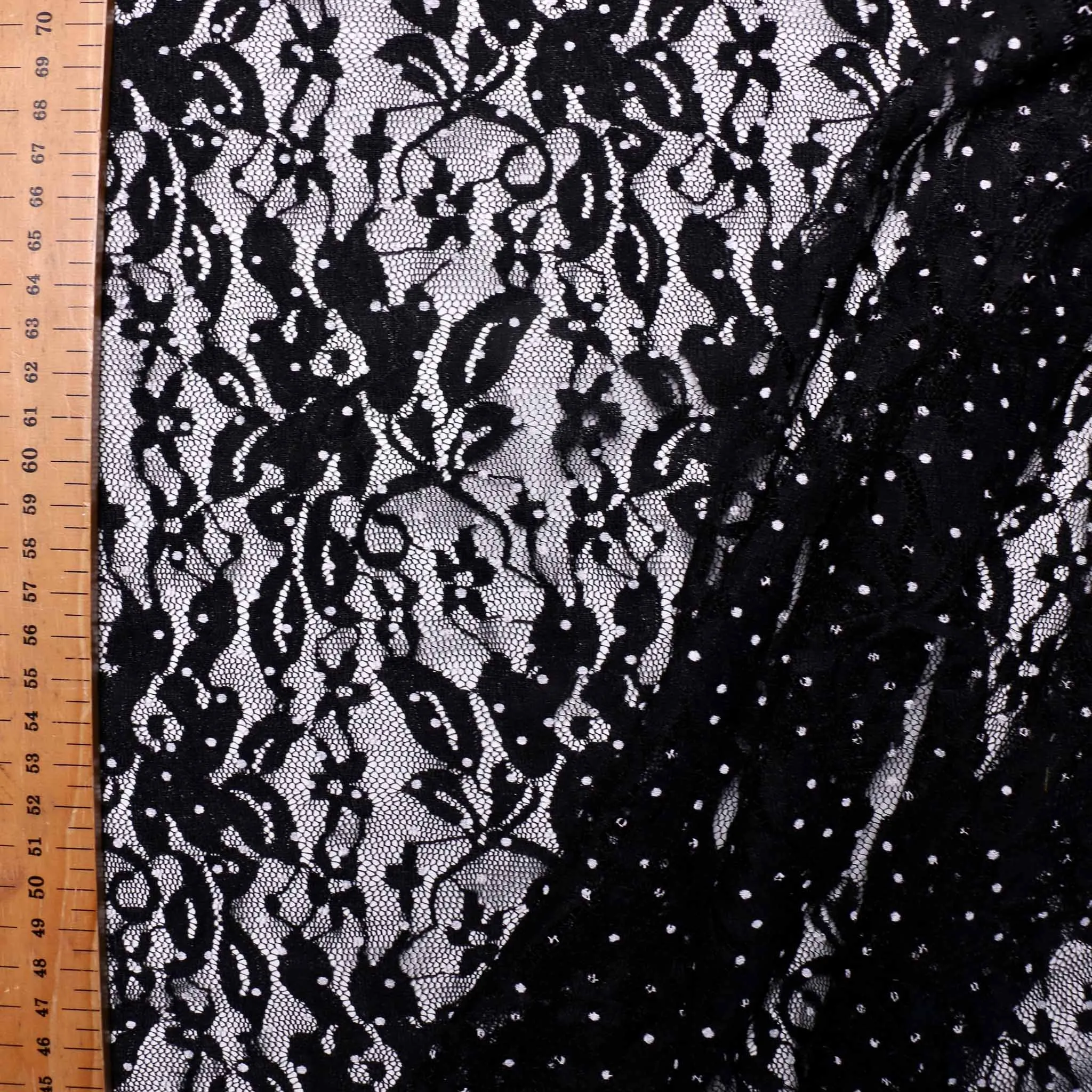 Stretchy Lace Fabric - White polka dot on black