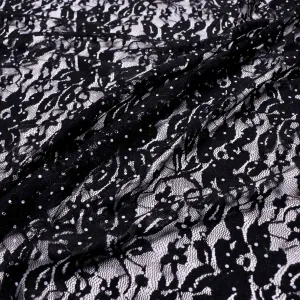 Stretchy Lace Fabric - White polka dot on black