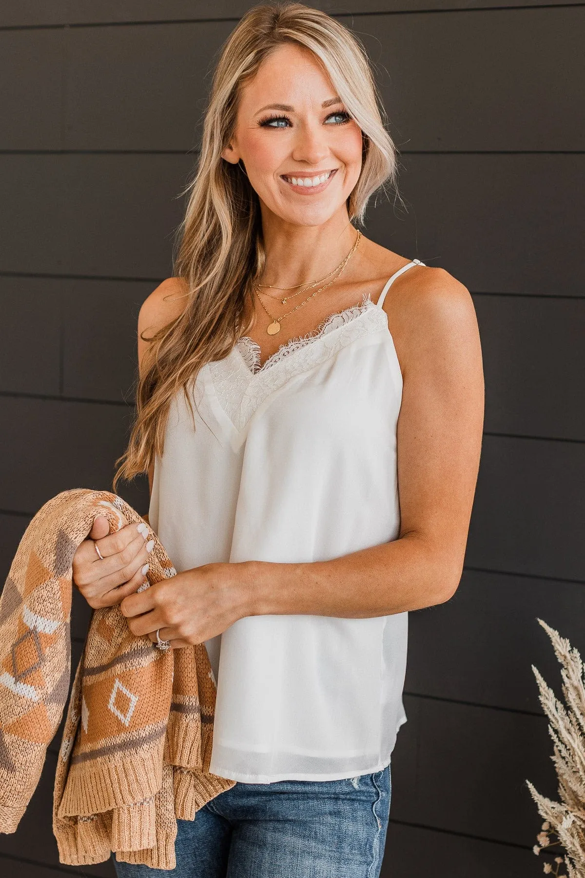Take A Second Lace Tank Top- White