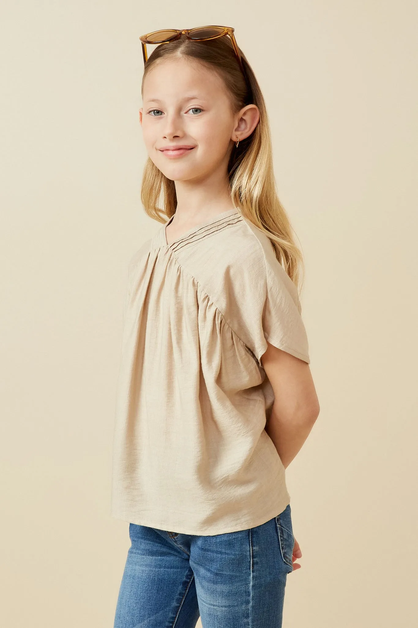Textured Pleated V Neck Dolman Sleeve Top