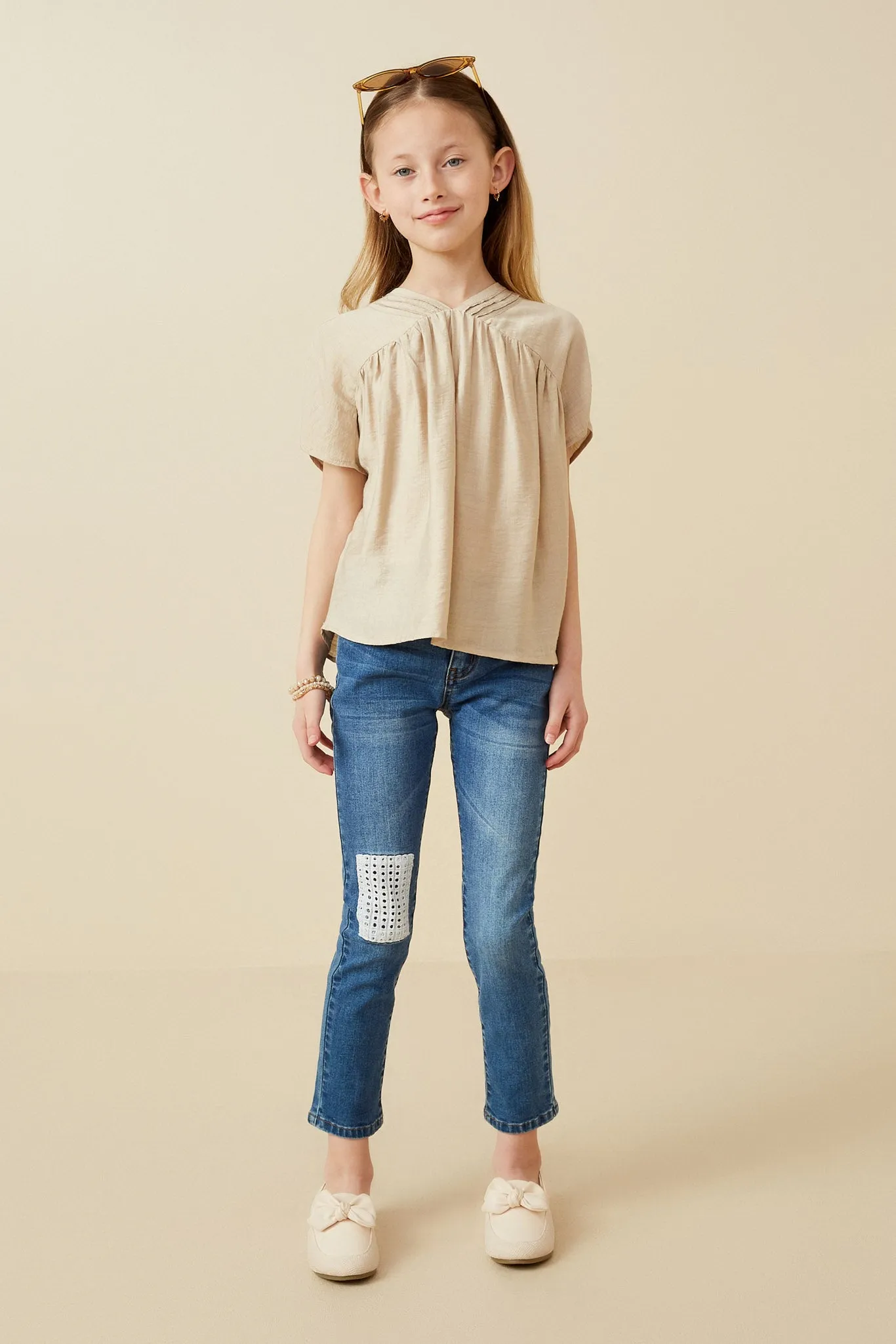Textured Pleated V Neck Dolman Sleeve Top