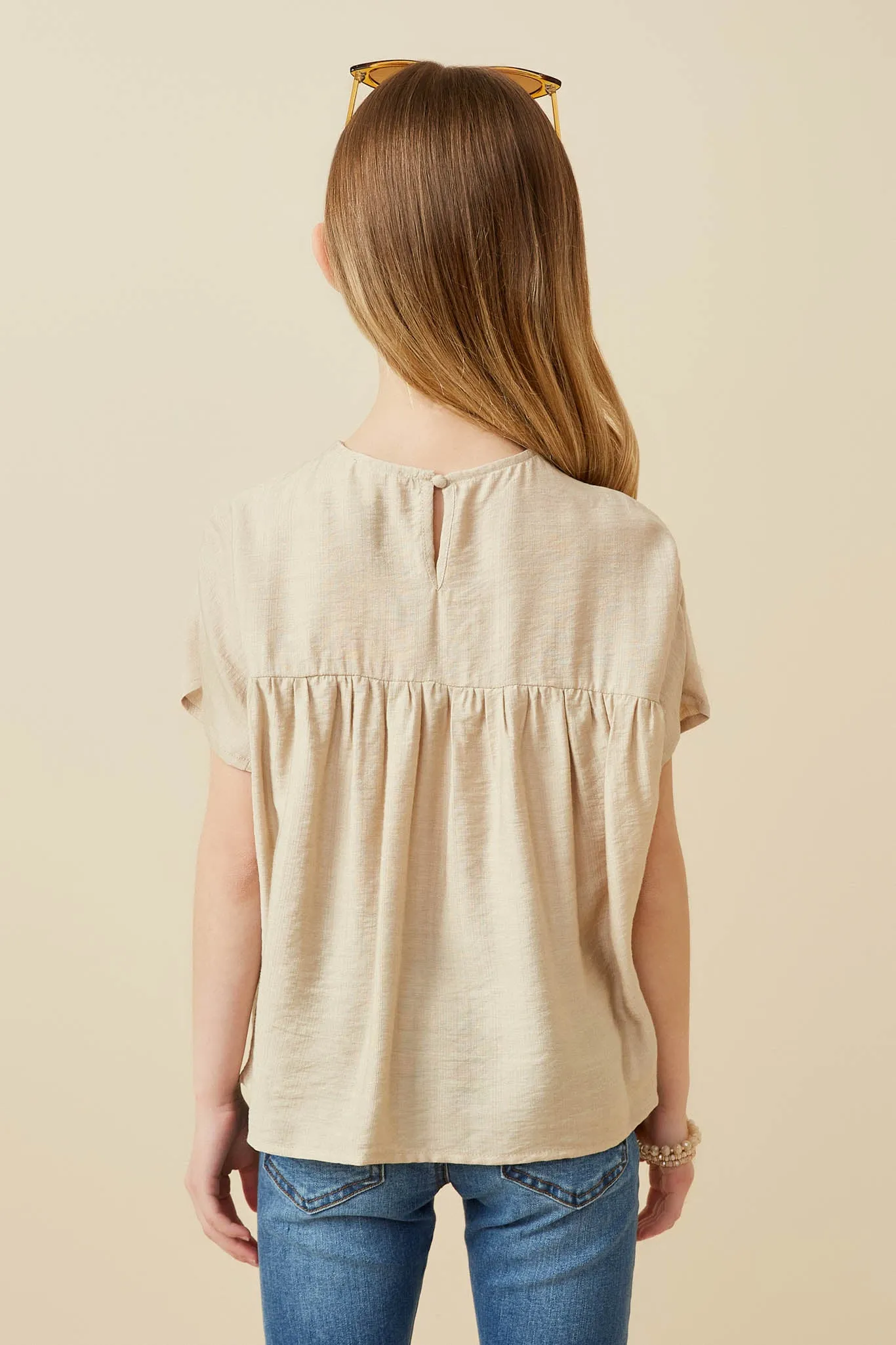 Textured Pleated V Neck Dolman Sleeve Top