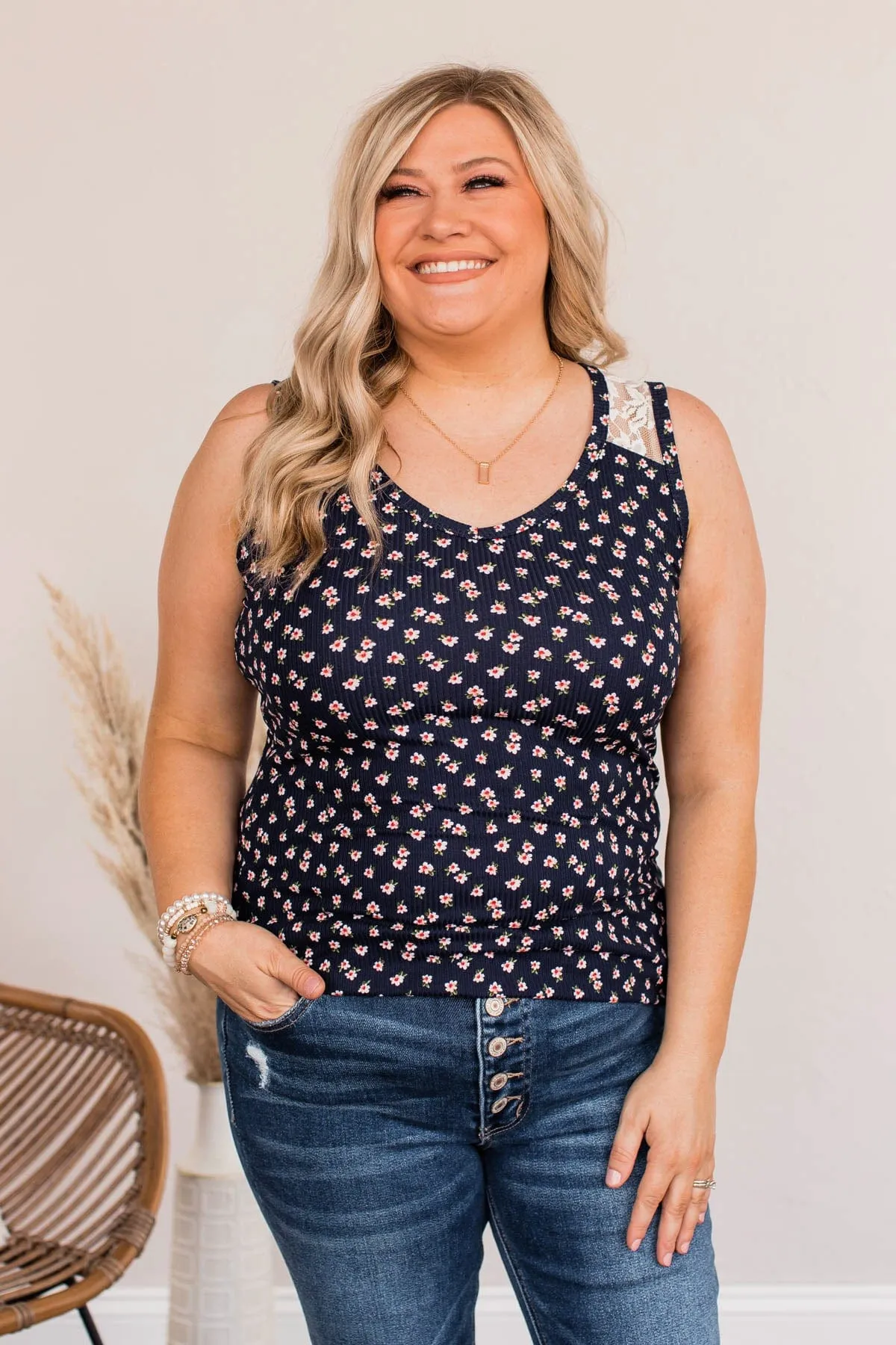 Together As One Floral Tank Top- Dark Blue