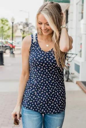 Together As One Floral Tank Top- Dark Blue