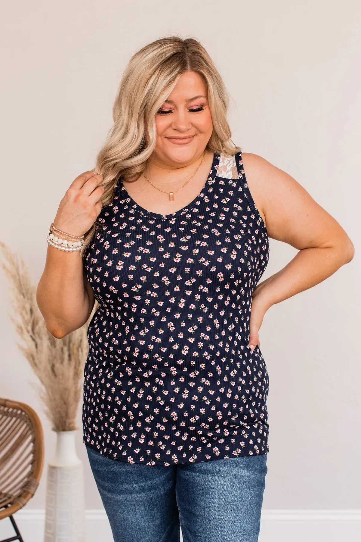 Together As One Floral Tank Top- Dark Blue