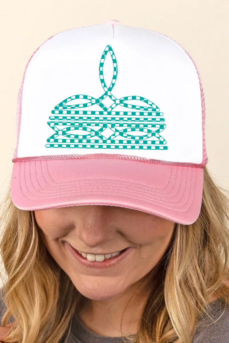 Turquoise Checkered Boot Stitch Foam Mesh Back Trucker Cap