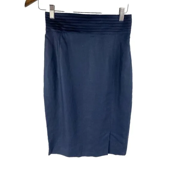 Valentino Miss V Womens 44/10 Vtg Linen Pencil Skirt Navy Blue‎ Italy Designer