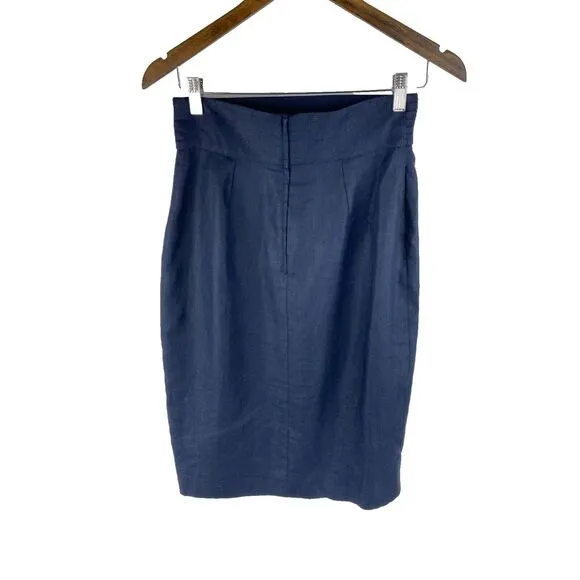 Valentino Miss V Womens 44/10 Vtg Linen Pencil Skirt Navy Blue‎ Italy Designer