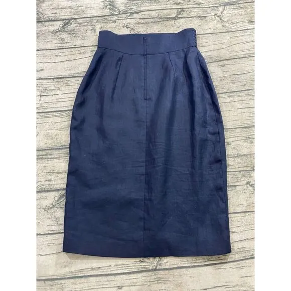 Valentino Miss V Womens 44/10 Vtg Linen Pencil Skirt Navy Blue‎ Italy Designer