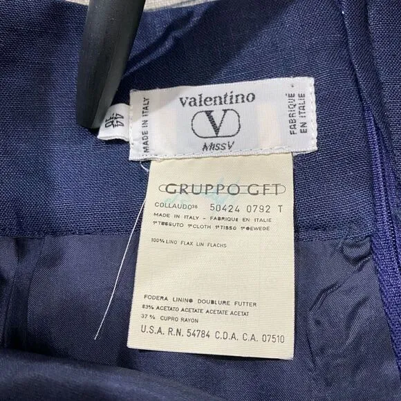Valentino Miss V Womens 44/10 Vtg Linen Pencil Skirt Navy Blue‎ Italy Designer