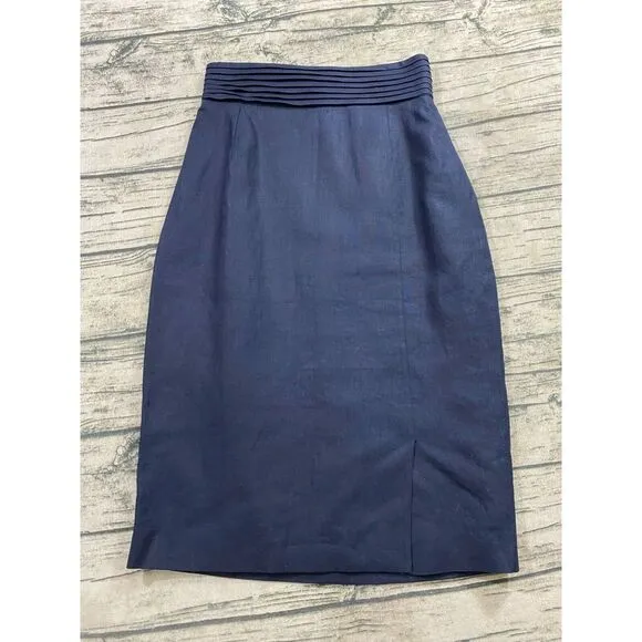 Valentino Miss V Womens 44/10 Vtg Linen Pencil Skirt Navy Blue‎ Italy Designer