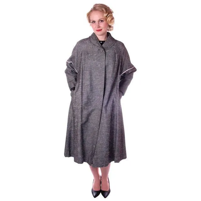 Vintage Ladies  Black & White Tweed Linen Swing Coat 1950S M-L 6-14