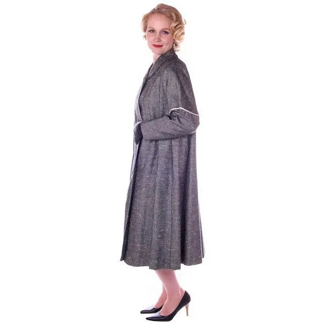 Vintage Ladies  Black & White Tweed Linen Swing Coat 1950S M-L 6-14