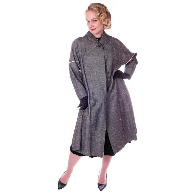 Vintage Ladies  Black & White Tweed Linen Swing Coat 1950S M-L 6-14