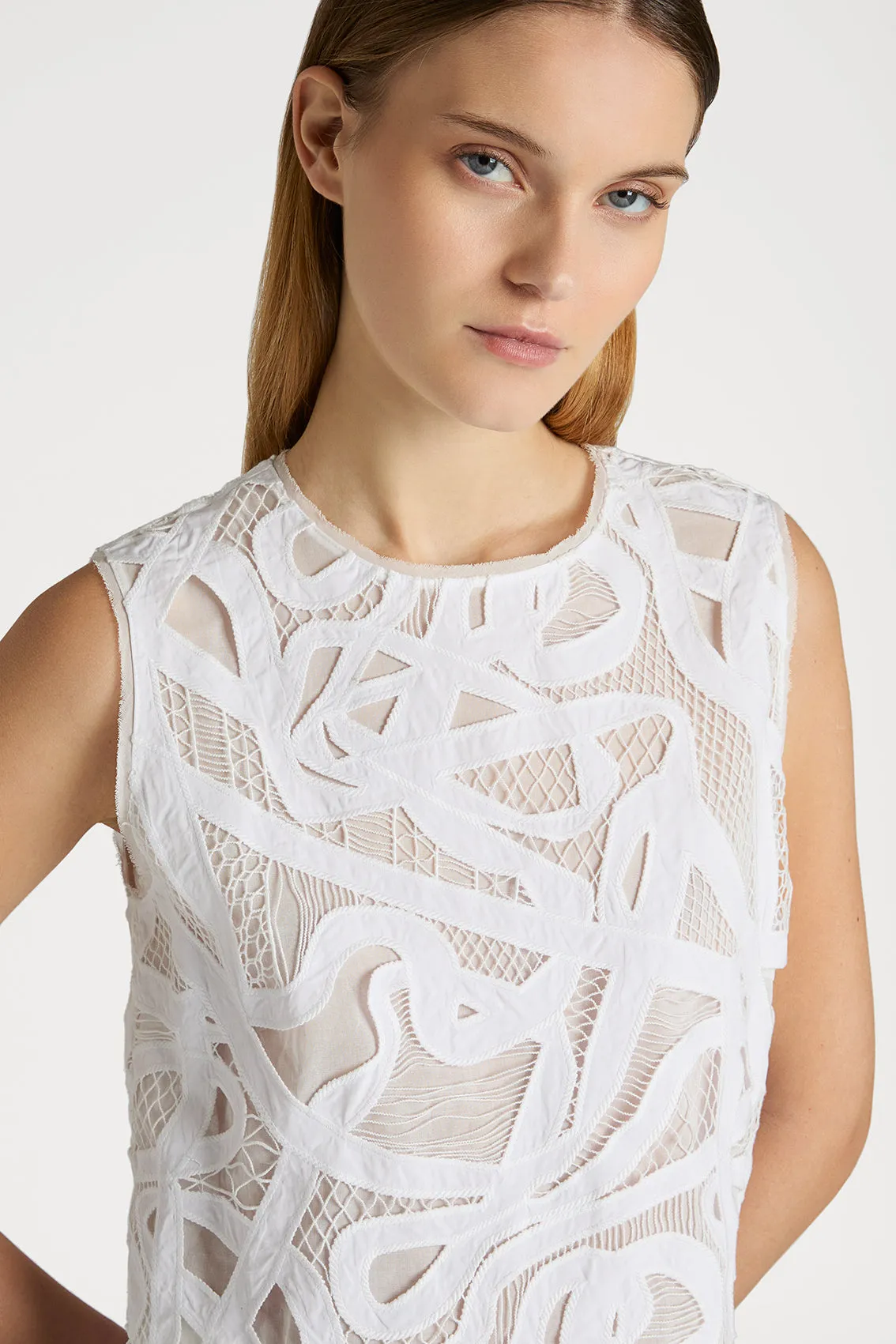WEAVING-INSPIRED LACE WHITE TOP