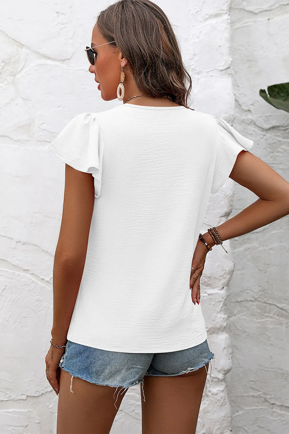 White Solid Color Textured Pleated Ruffled Sleeve Blouse