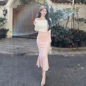 Women's Elegant White Long Sleeve  Top   Pink High Waist Slim Skirt Set