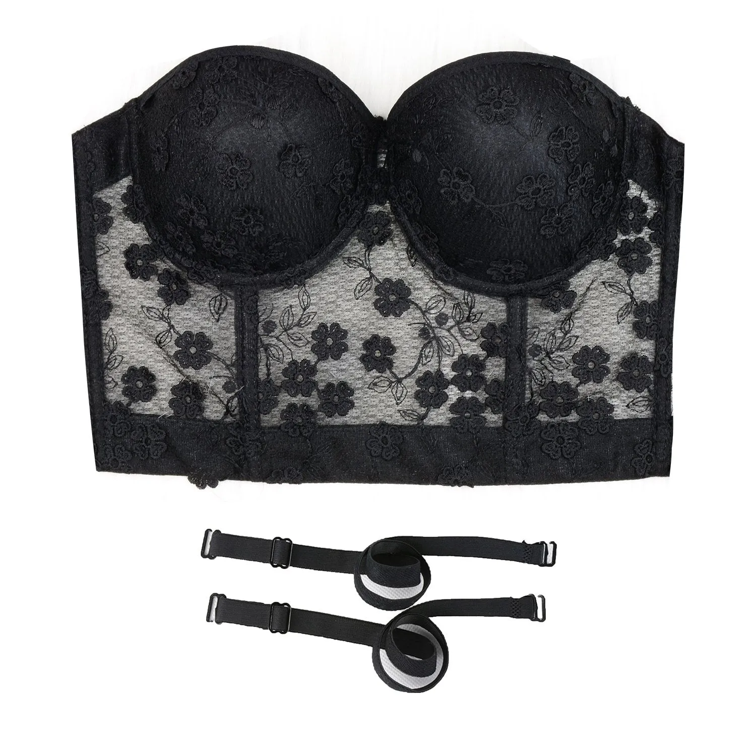 Women's Mesh Lace Flower Bustier Crop Top Sexy Corset Top Bra Black