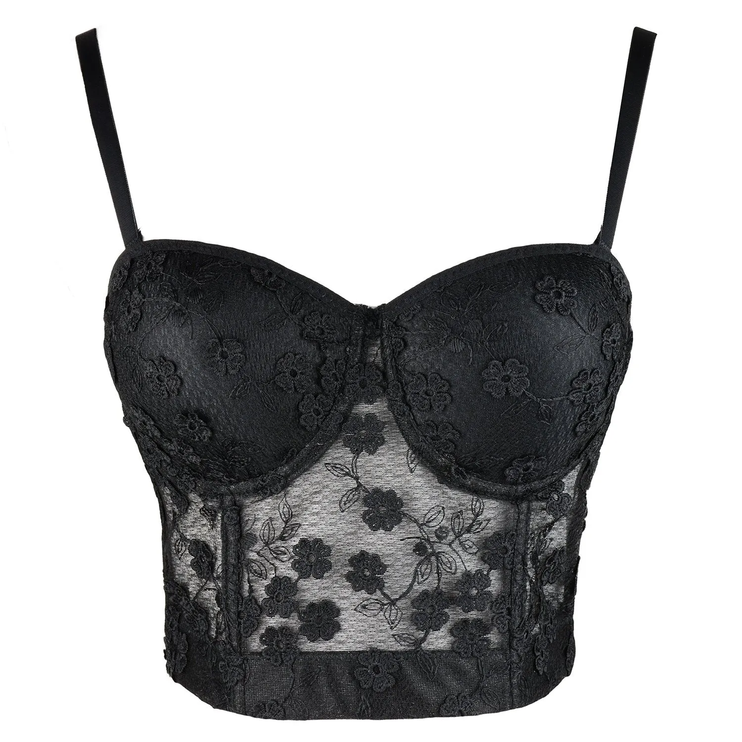 Women's Mesh Lace Flower Bustier Crop Top Sexy Corset Top Bra Black