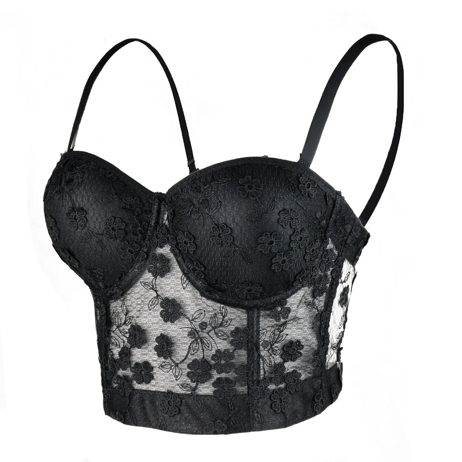 Women's Mesh Lace Flower Bustier Crop Top Sexy Corset Top Bra Black