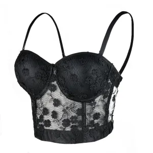 Women's Mesh Lace Flower Bustier Crop Top Sexy Corset Top Bra Black