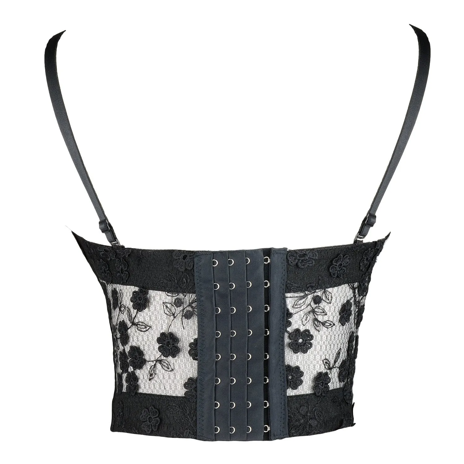Women's Mesh Lace Flower Bustier Crop Top Sexy Corset Top Bra Black