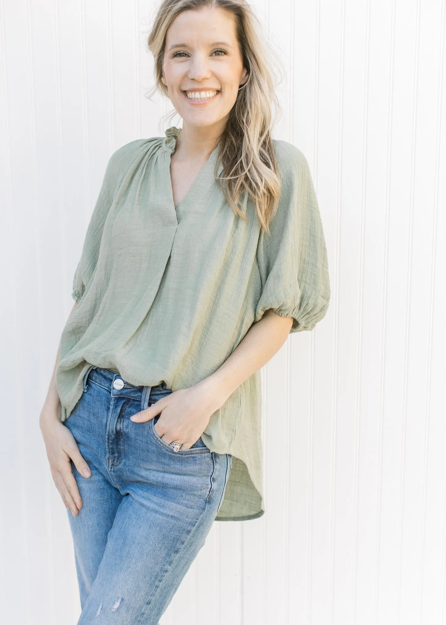 X Olive Ruffle Top
