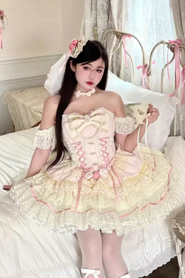 Yellow/Pink Sweet Tea Rose Dew Ruffle Bowknot Lace Sweet Lolita Skirt Dress