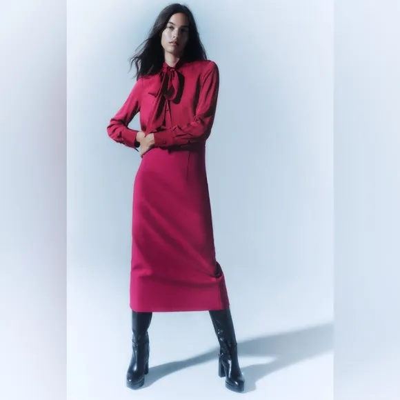 Zara EUC Fuchsia Pencil Midi Skirt Size M Split High Waist Tube Bodycon